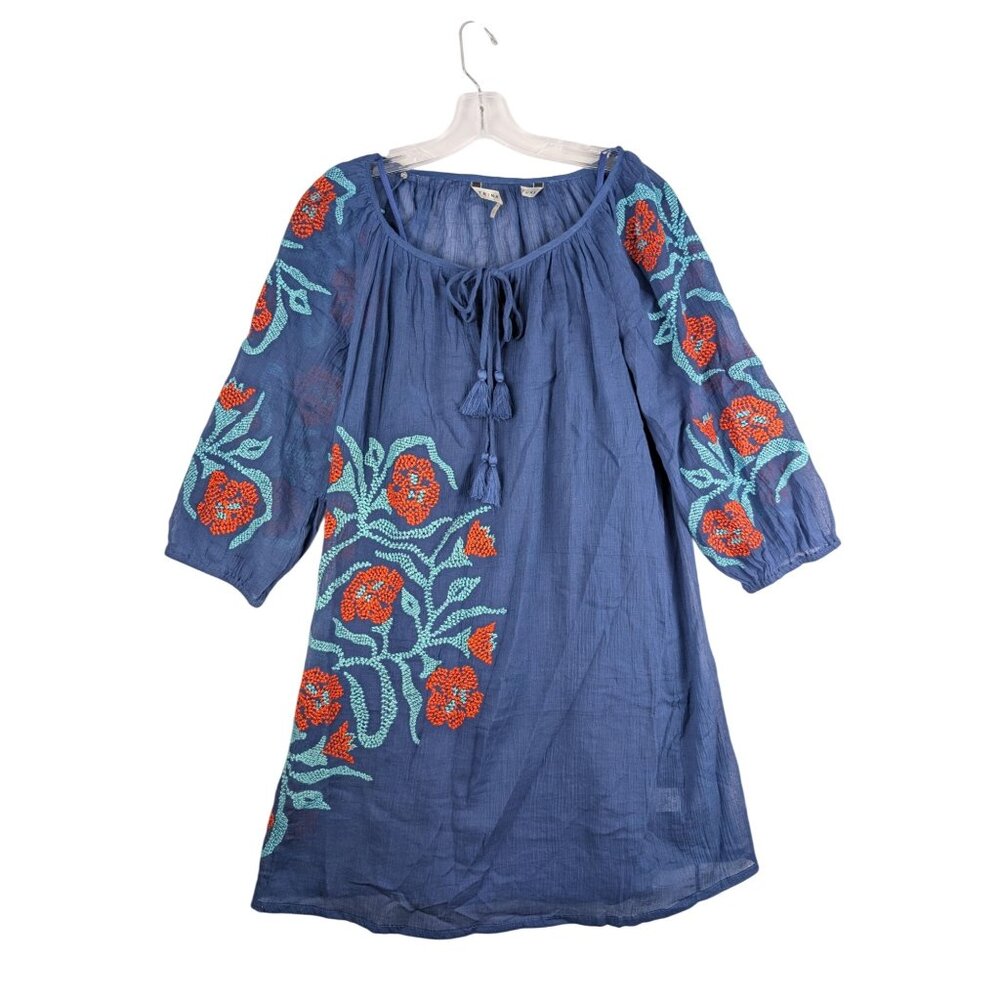 Trina Turk Dress Womens Size 4 Blue Floral Embroidered Long Sleeve‎ Boho